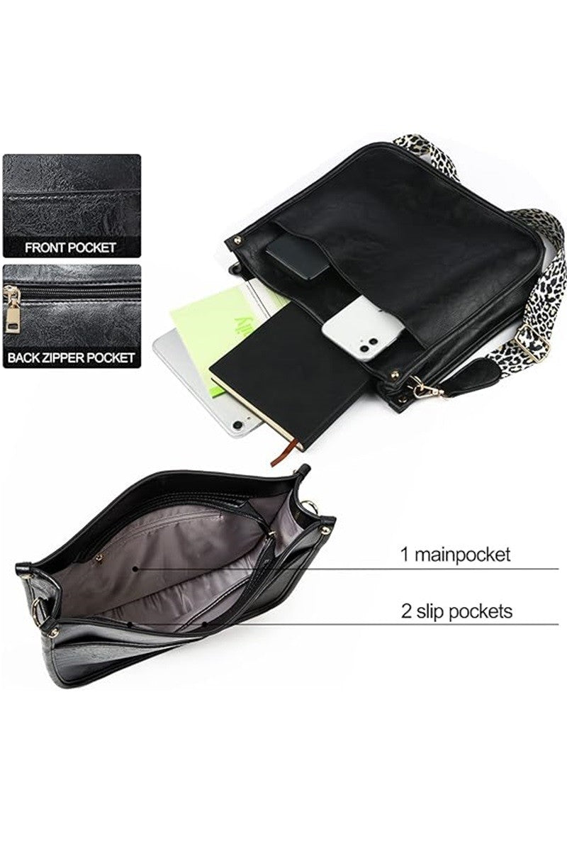VEGAN LEATHER LEOPARD STRAP CROSSBODY SHOULDER BAG